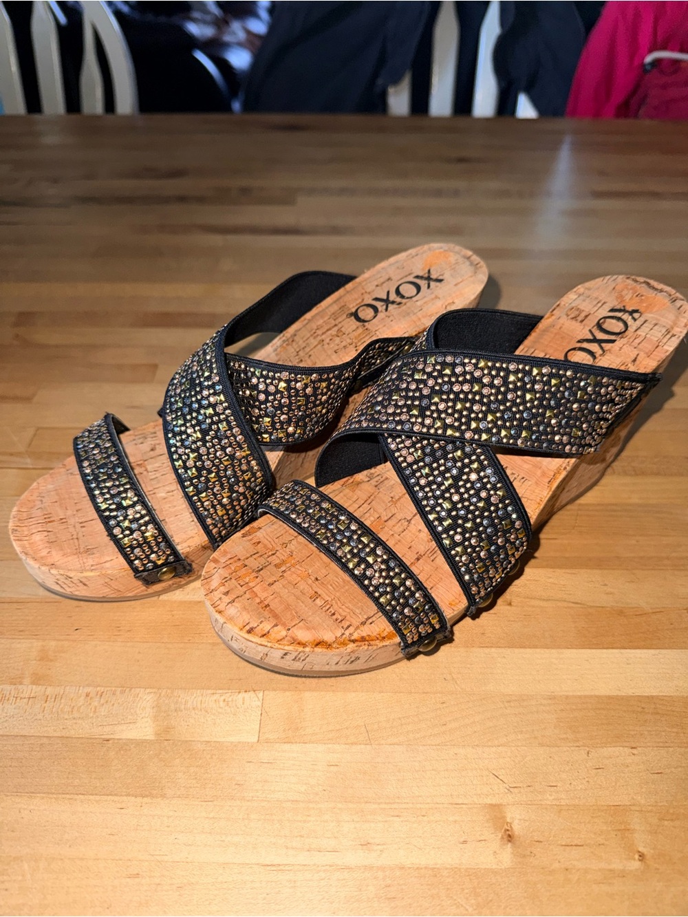 XOXO Benji Studs Cross Strap Metallic Cork Wedges